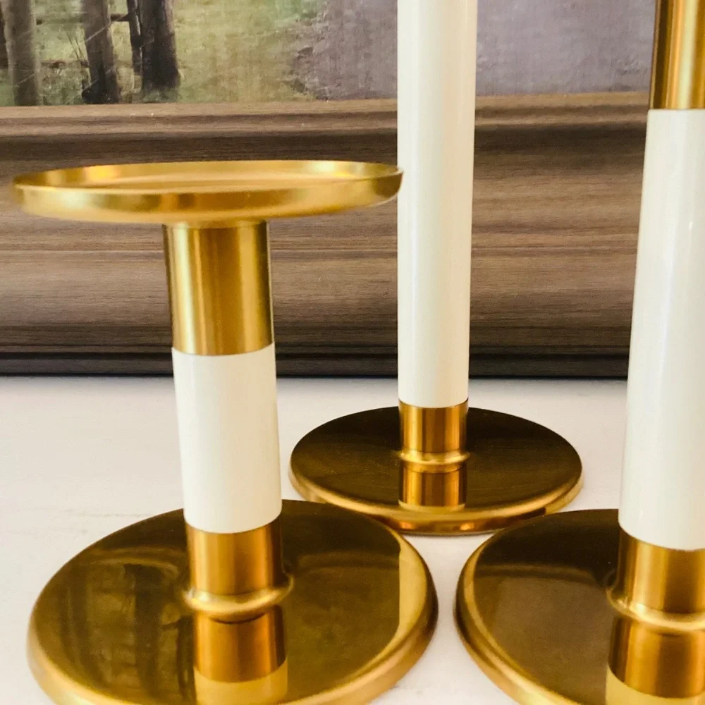 set of 3 IKEA Glittrig candlesticks gold and ivory Discontinued Tapered Pillar